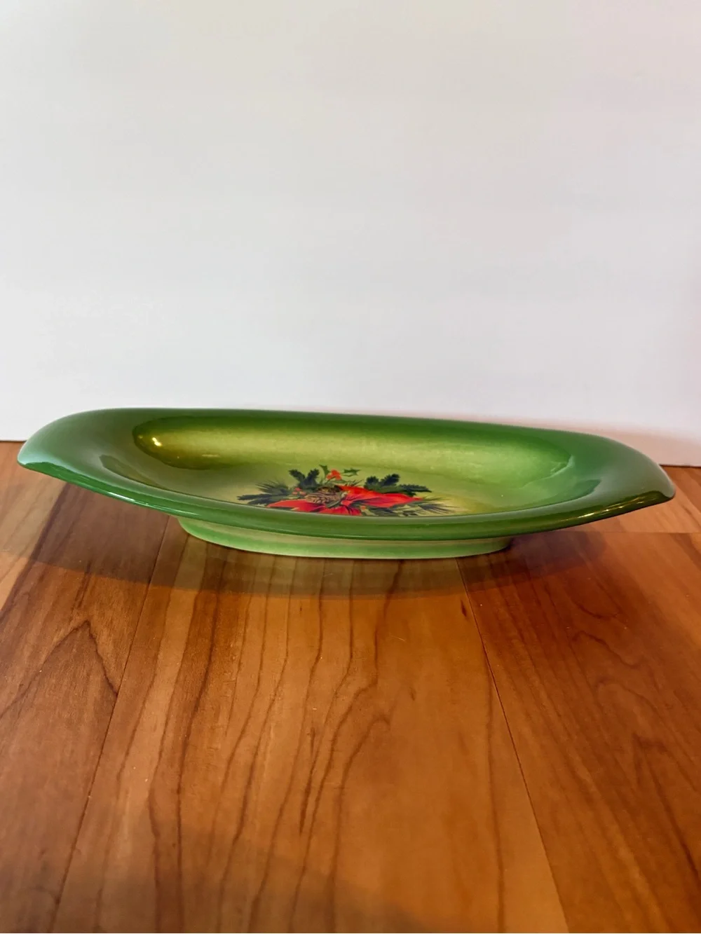 Vintage Green Christmas Serving Tray with Poinsettia Motif